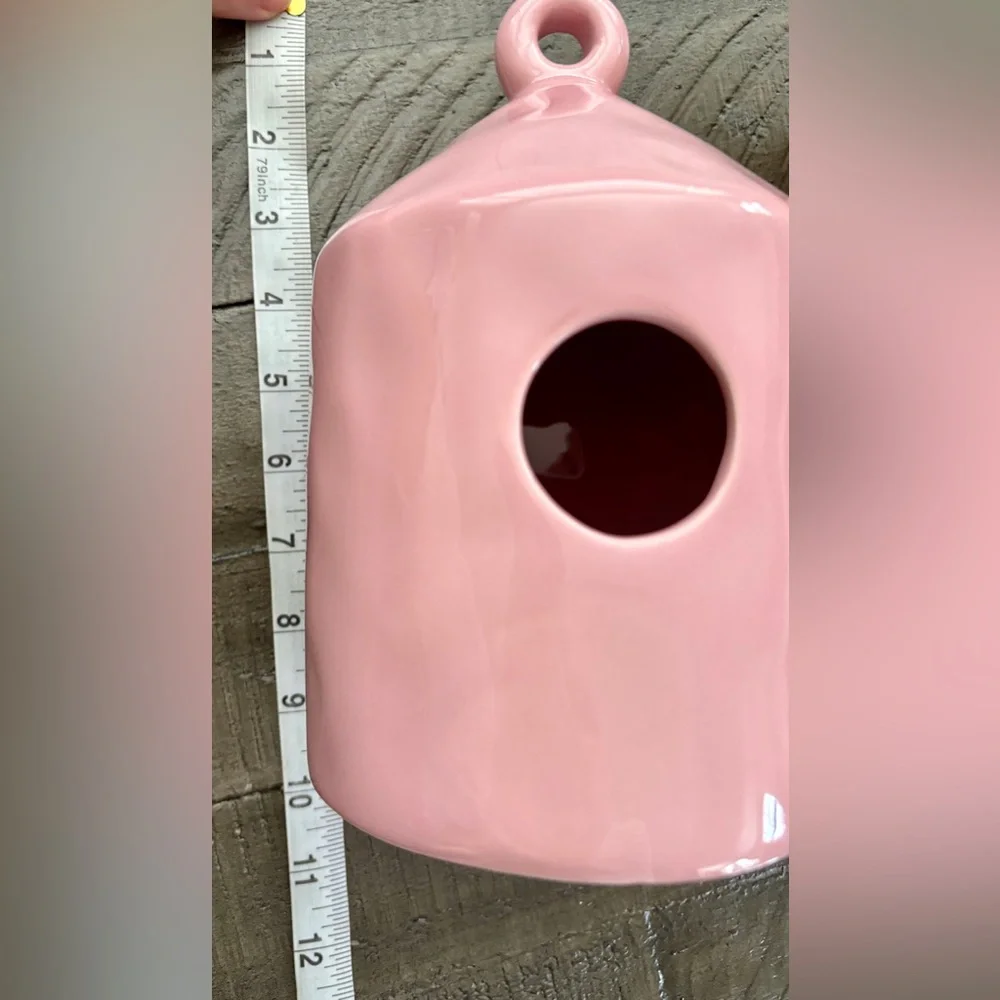 Kathy Diep Pink Ceramic Birdhouse Glossy Modern Cottagecore Decor OS